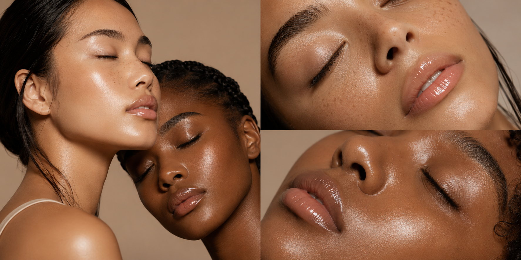 Four women with glowing, healthy skin in a soft editorial portrait collage